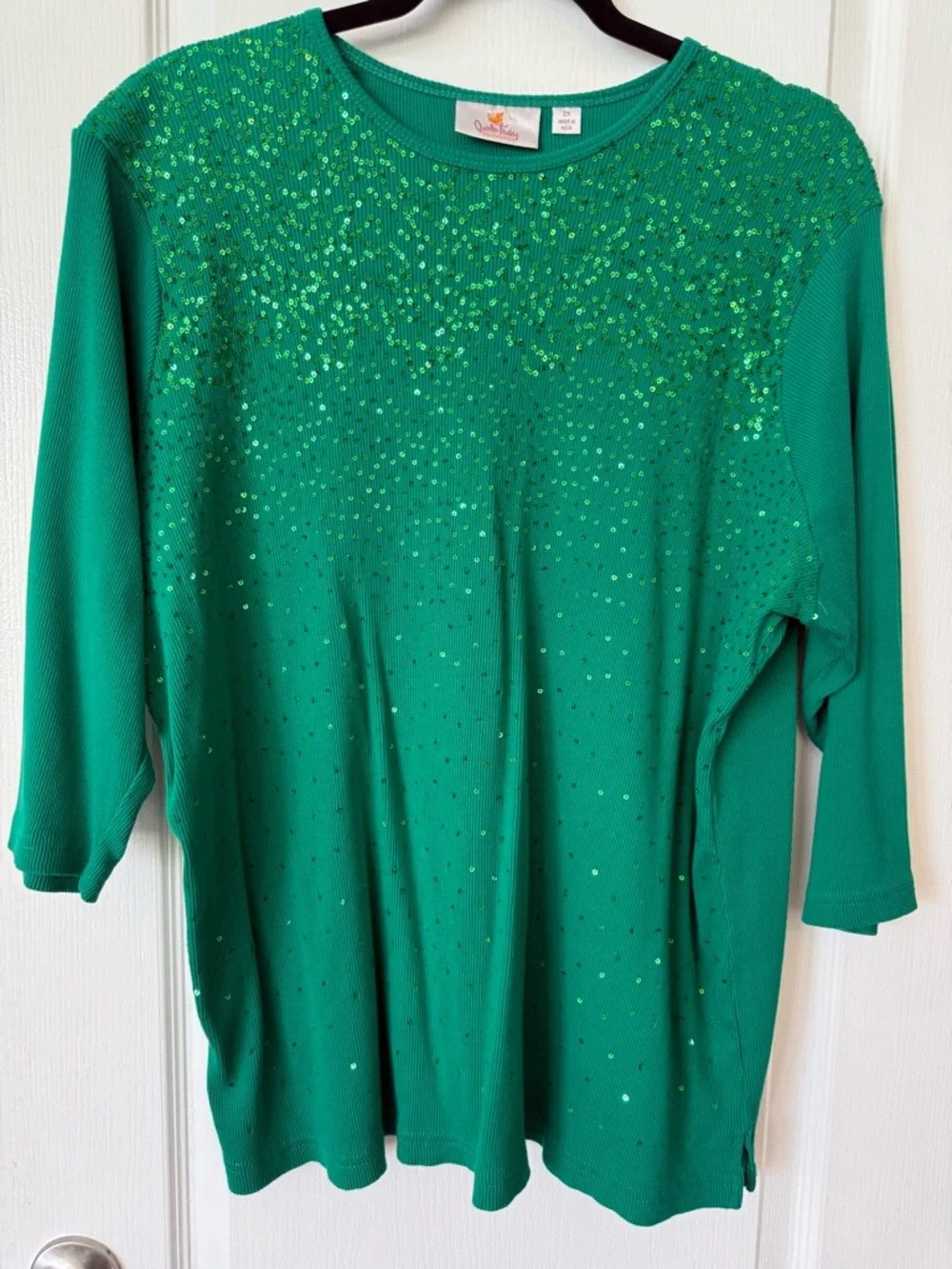 Quacker Factory Green Sequin Top 3/4 Sleeve Ribbed Shirt 2X Holiday - Picture 1 of 5
